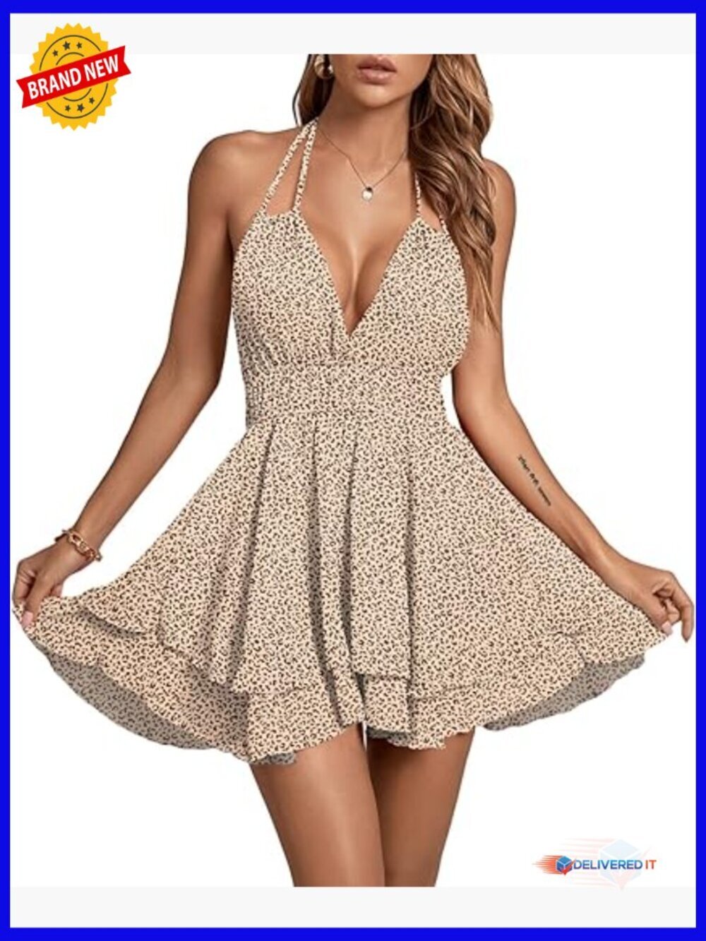 Sleeveless Deep V Neck Backless Ruffle Skater Mini Dress
